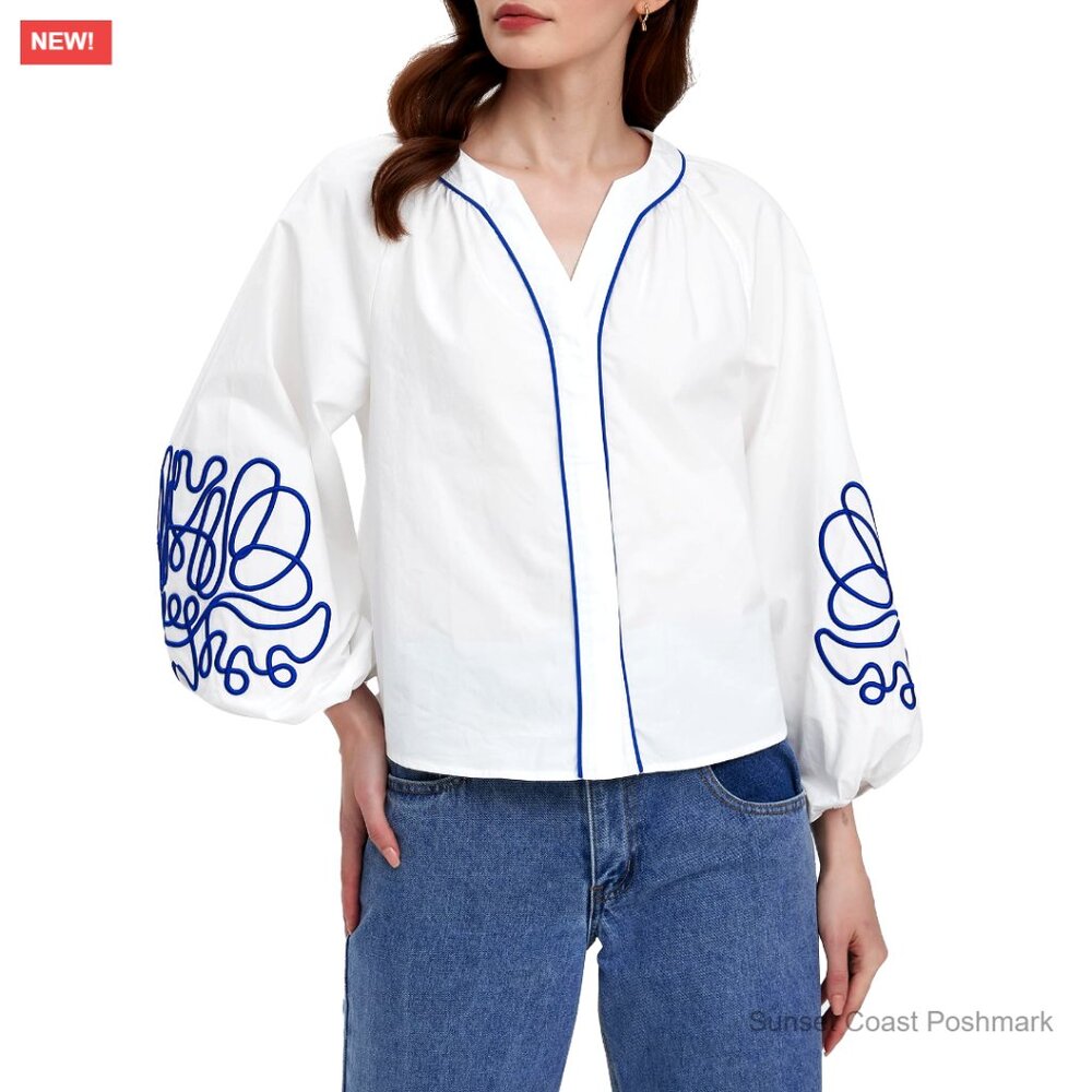 Floral Embroidered V-Neck Blouse with Balloon Sleeves Boho Loose Top